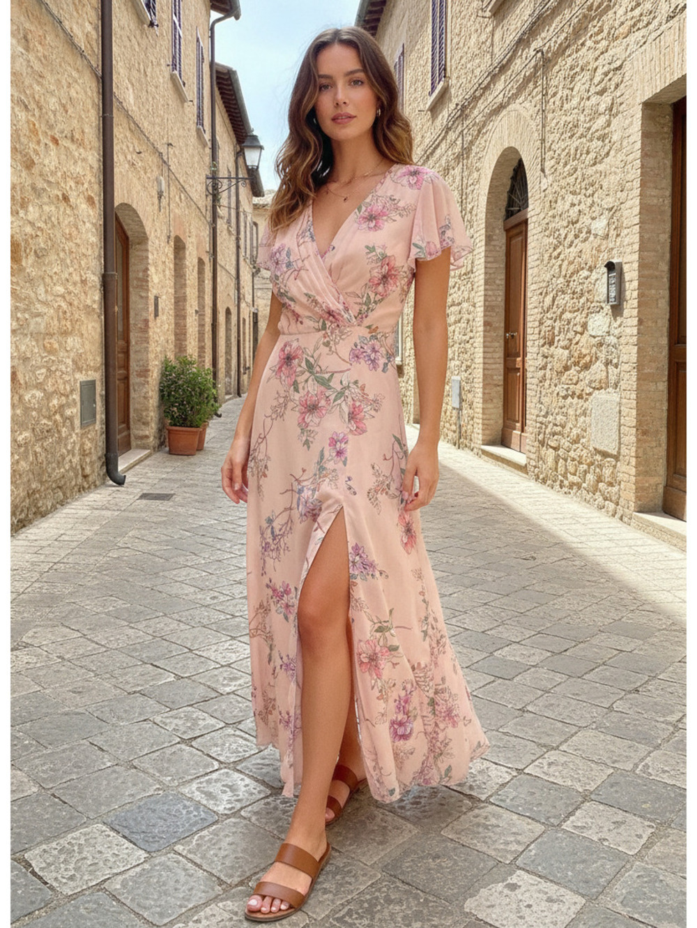 Monique Lhuillier Pink Floral Maxi Dress Size 16